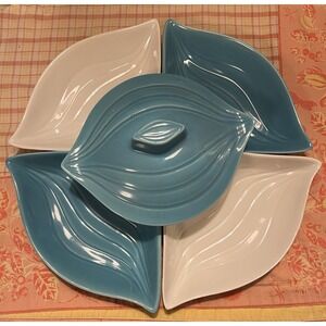 Vtg MCM California Pottery Serving Set L34 Aqua White Relish Appetizer Bowls 6pc